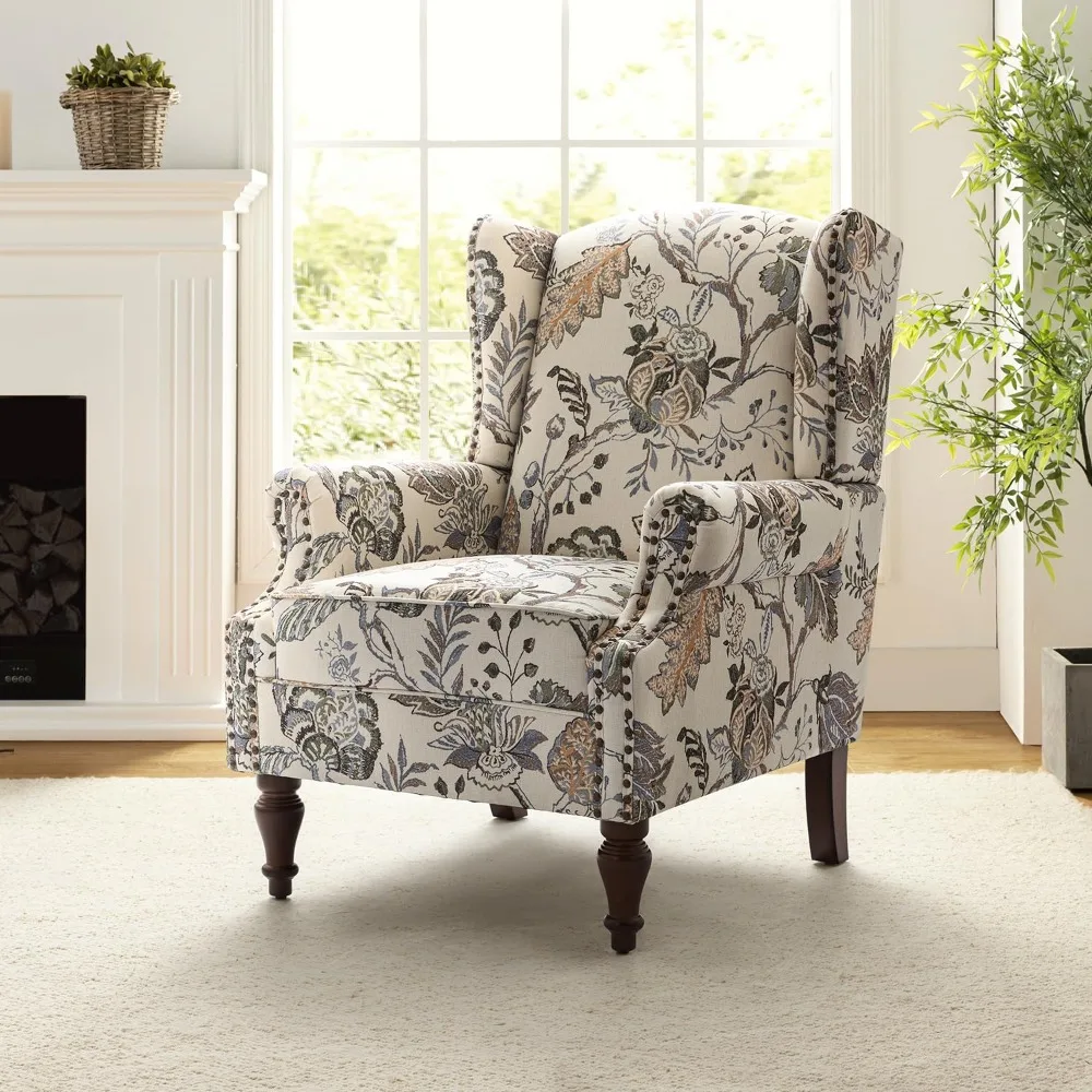 

Wingback Accent Chair with Floral Pattern Design, Traditional Fabric Armchair with Nailhead Trim and Retro Wooden, Customized