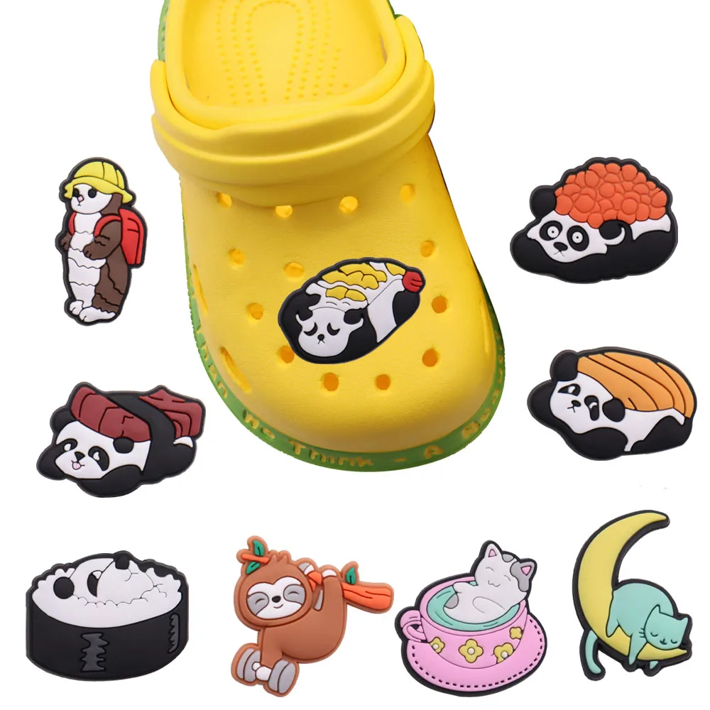 PVC Animais Fivela para Crianças, Panda, Sushi, Gato, Preguiça, Coelho, Sapatos de Jardim, Decorações Encantos, Pulseira DIY Clog, 1Pc