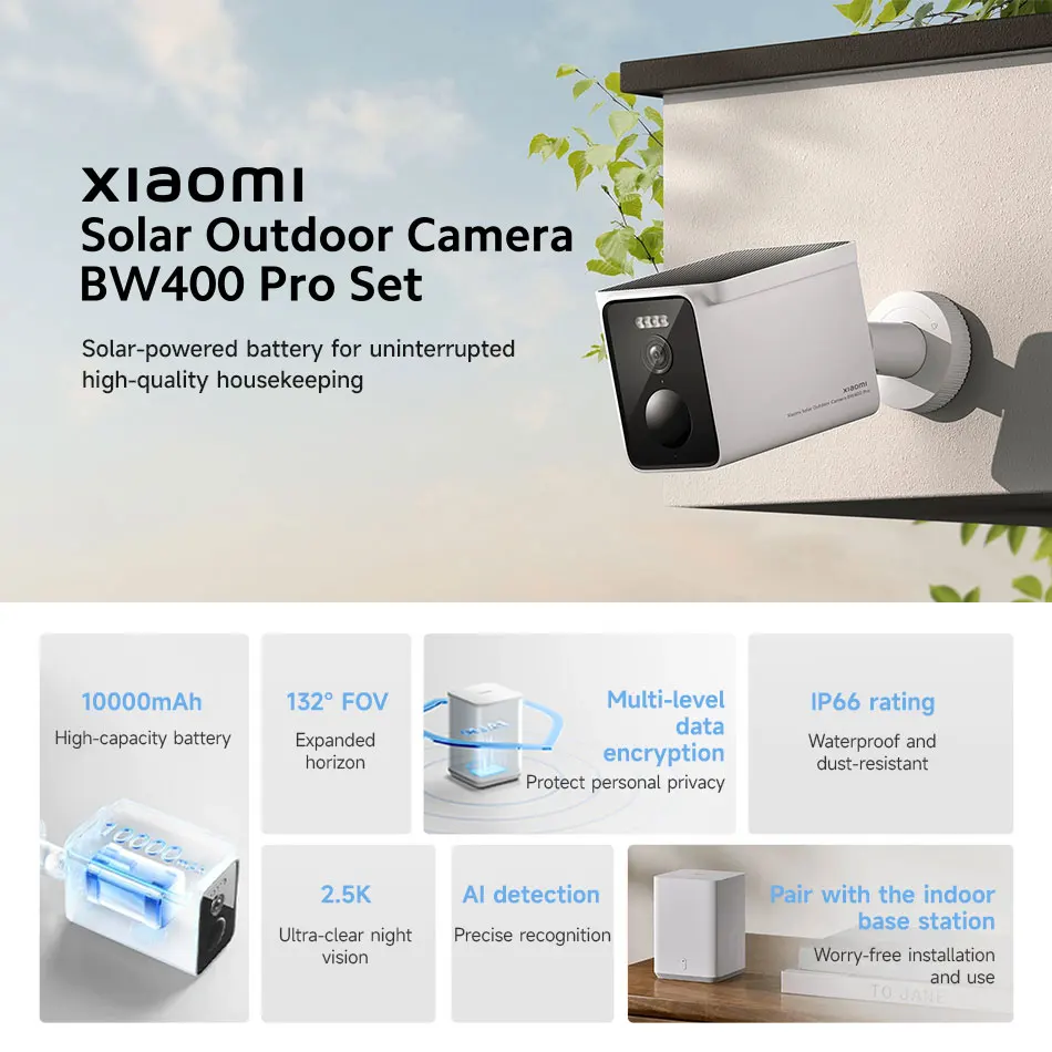 Imagem -02 - Versão Global Xiaomi Câmera Exterior Solar Bw400 Pro Conjunto 10000mah Resolução de 4mp 2.5k Visão Noturna Ip66 Classificação ai Detecção