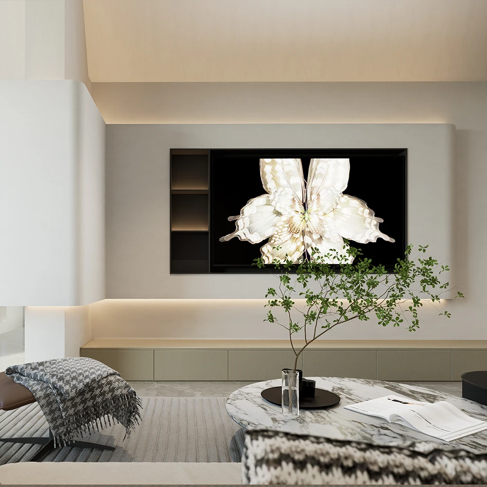 #Factory Supply Minimalist Curved Recessed TV Cabinet Combination Wood TV Niche With Ambient Light Home Interior Decor