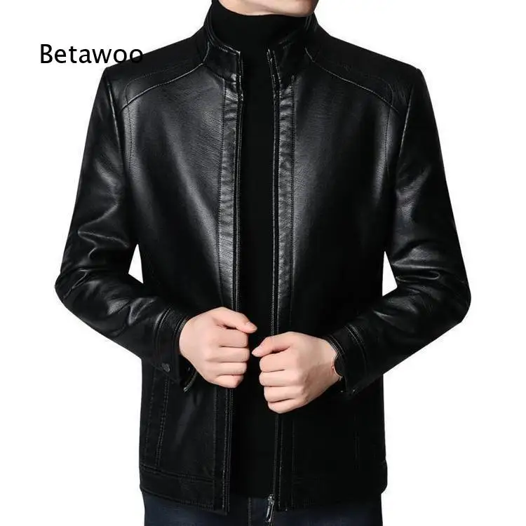 Men Lightweight Faux Leather Jacket Stand Collar PU Leather Coat Outerwear For Middle Aged Elderly Male Suitable For Winter Dail
