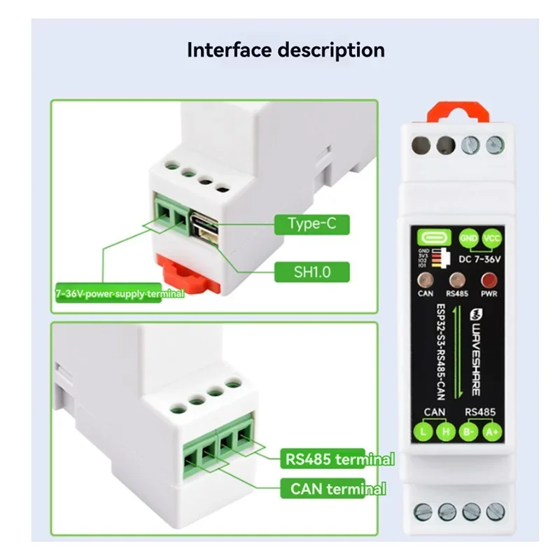 N34R Waveshare ESP32 S3 RS485 CAN ESP32 S3 RS485 CAN Communicator Industrial Grade IOT Wifi Bluetooth Support WiFi Bluetooth