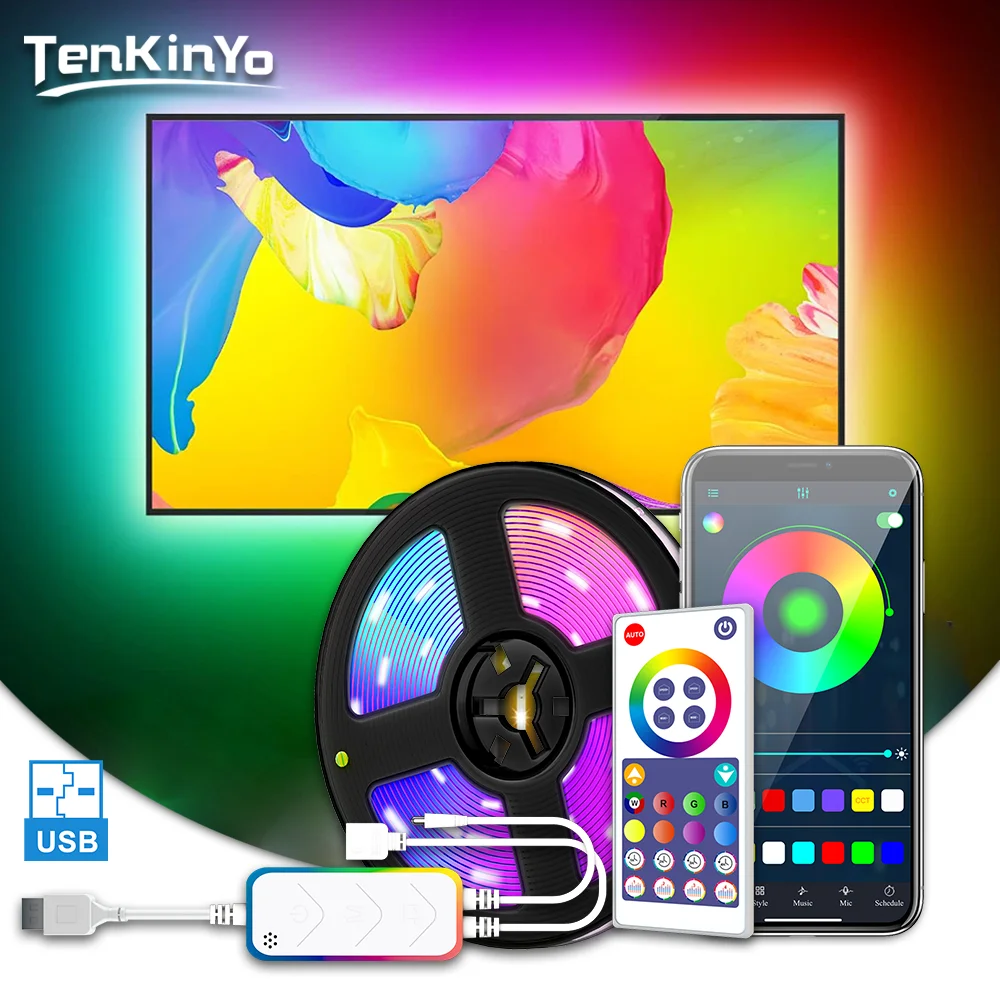 TenKinyo-USB LED Strip Lights com Bluetooth APP, TV Light Strip, Fita flexível da lâmpada, 5V, 5050 Iluminar Música, Controle Inteligente de Voz