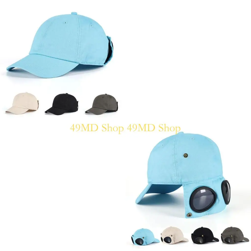 

49MD Baseball Hat with Detechable Sunglasses Outdoor Sunscreen Hat Curved Visor Baseball Hat with Goggles