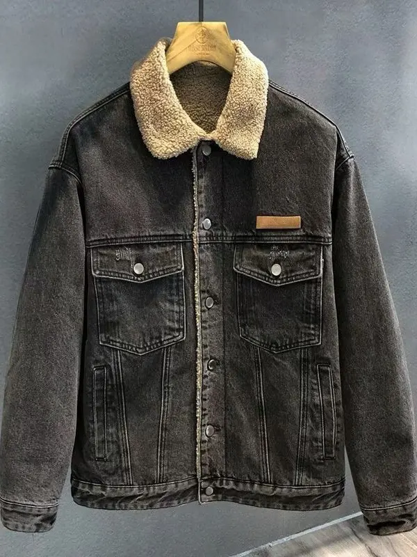 

Retro American Denim Jaet for Men Loose Lamb Velvet Biker Collar Cotton Coat Autumn Winter New Sle Youth Faion Warm Thi...