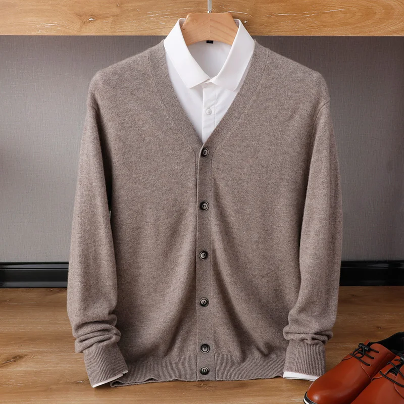 100% Wool Cardigan Men\'s New Casual Knit Jacket V-Neck Loose Large Size Top Wild Warm Shirt Spring Autumn Youth Cashmere Sweater