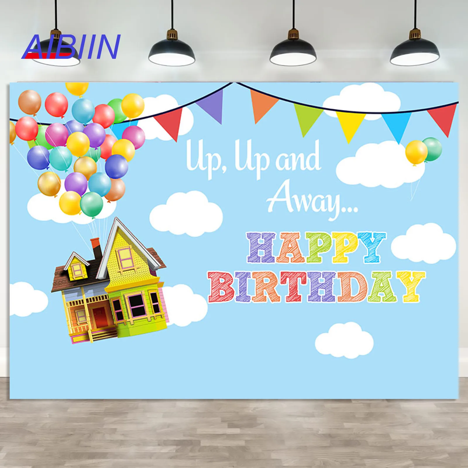 

UP Themed Birthday Photography Backdrop Adventure Balloons Blue Sky and White Clouds Background Party Decor Boy Photo Banner