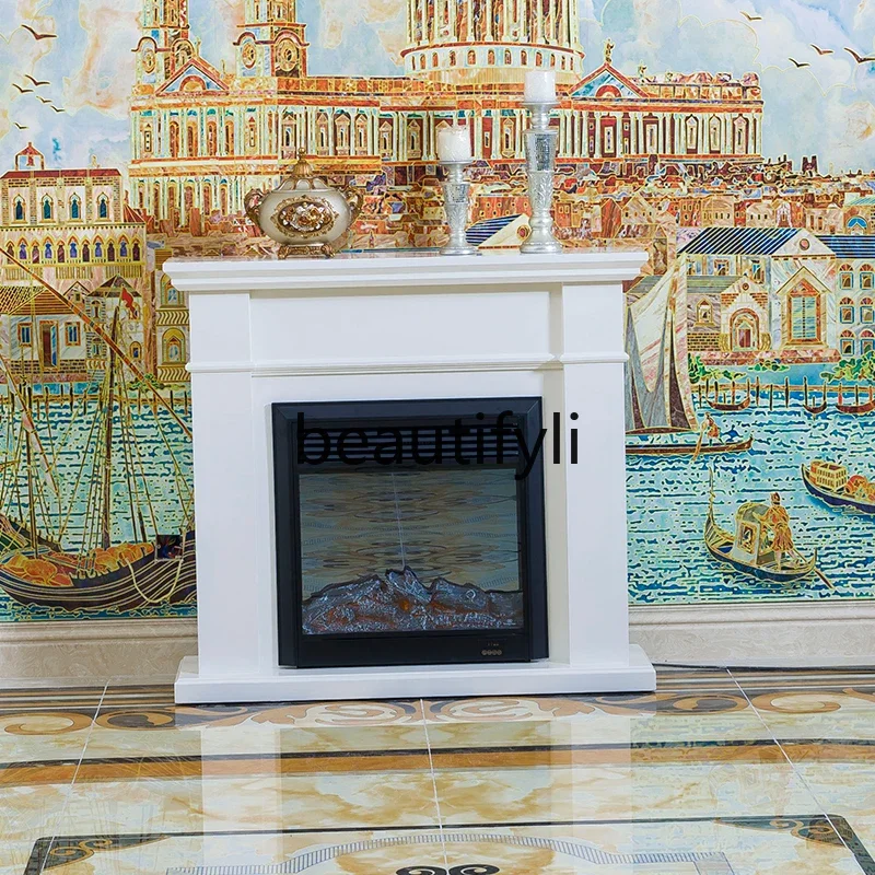 

53Solid wood fireplace cabinet ivory white mantel electronic decorative fireplace
