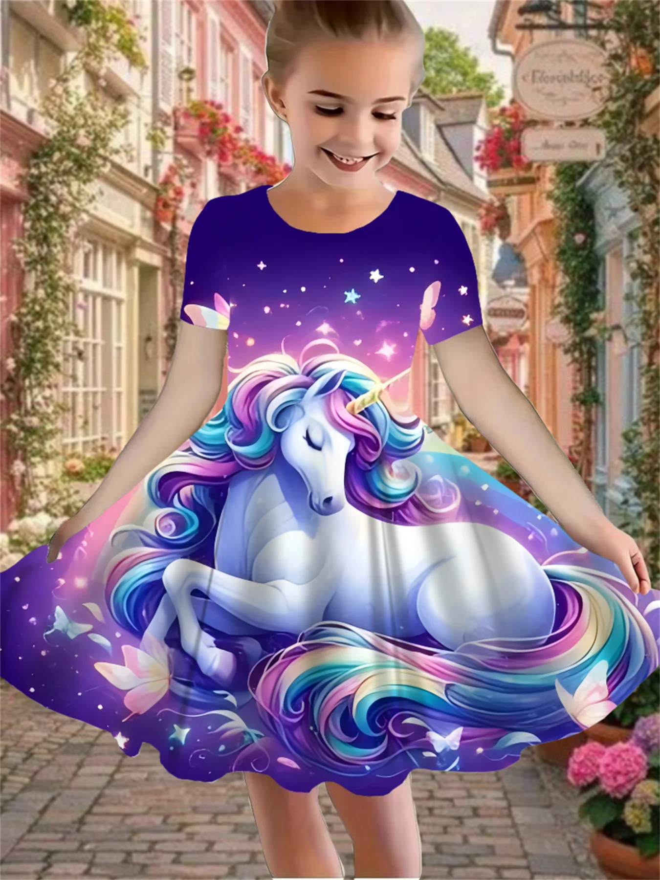 Dreamy Purple Spring Summer Novel Unicorn Girl Animal Cartoon 3D Princess Dress Unicorn Pattern Casual Fashion Girls' Dress