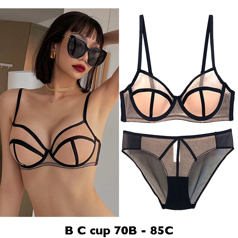 high quality sexy women bras and brief set push up mesh B C cup comfortable wire summer lingerie underwear black red