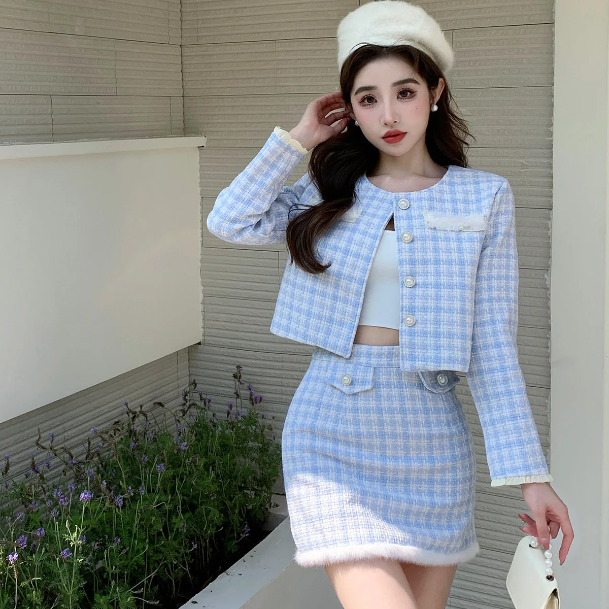 

Plaid Chic Style Jacket + High Waist Mini Skirt 2024 Spring New French Temperament Slimming Set for Women Trendy High Quality