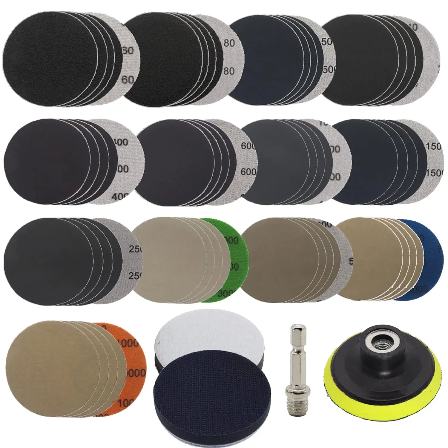 3 Inch Wet Dry Sandpaper 69 Pcs with M10 Backing Pad Interface Pad Assorted 60-10000 Grit for Wood Metal Mirror Jewelry Car