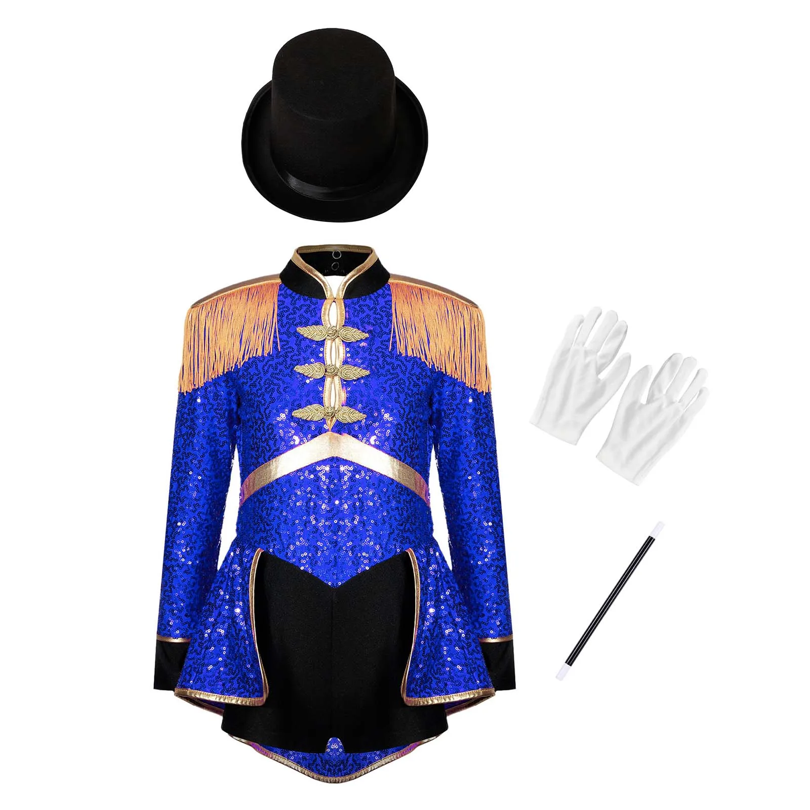 Kids Girls Circus Ringmaster Magician Drum Band Performance Costume Halloween Carnival Sequins Bodysuit with Hat Gloves Wand