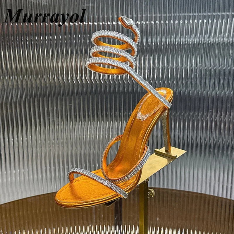 Sandalias Ankle Snake Shaped Strap Entanglement Sandals Women Bling Rhinestone Decor Thin High Heels Summer Dress Shoes Pumps