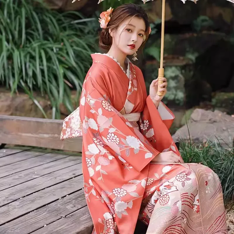 

Japanese Women's Formal Furisode Kimono Modernized Orange Color Floral Yukata Retro Style Long Dress Cosplay Costume