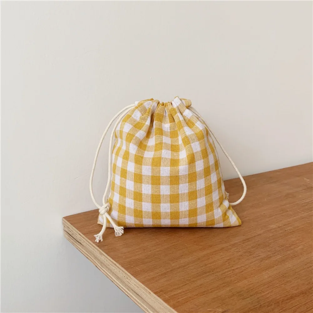 Linen Grids Drawstring Bag Storage Bag Pastoral Literary Style Makeup Bag Coin Purse Cosmetic Bag Jewelry Storage Bag daily