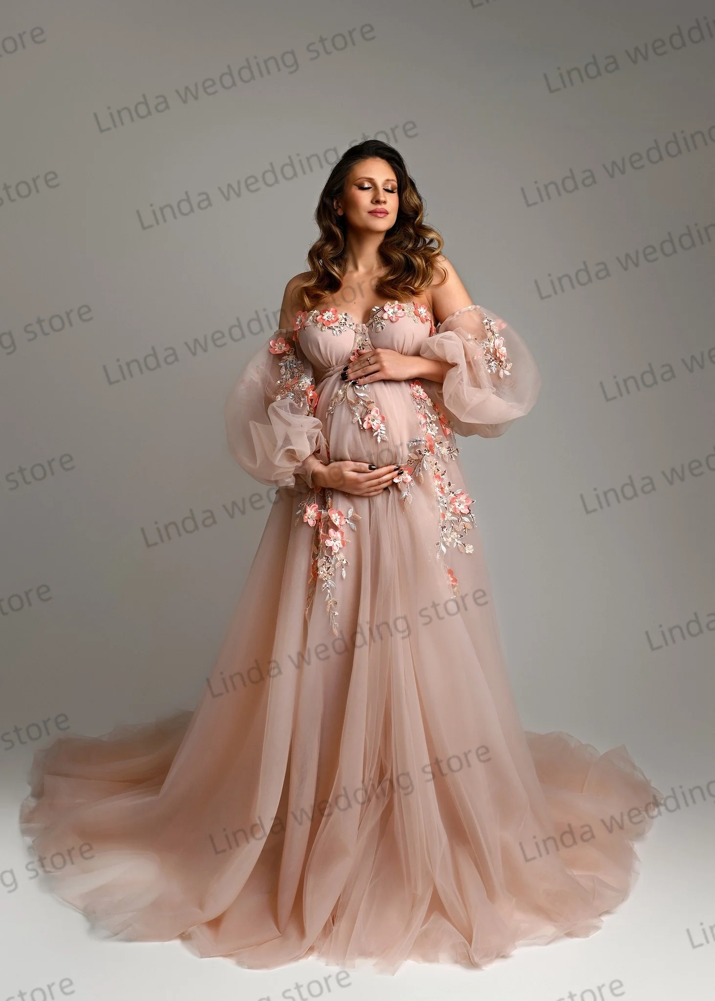 Illusion Maternity Dress for Women  Beading Detachable Sleeves Gala Dress Lace Appliques Tulle Pregnancy Babyshower Gowns