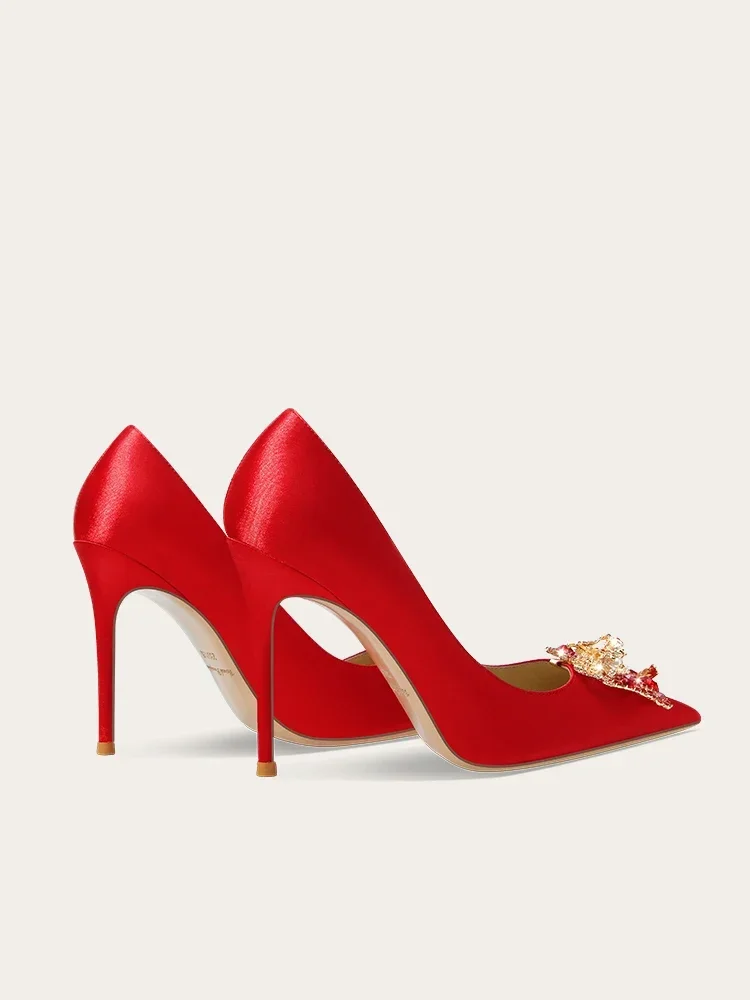 2025 Women's High Heels Satin Red Rhinestones Chinese Wedding Women's Shoes