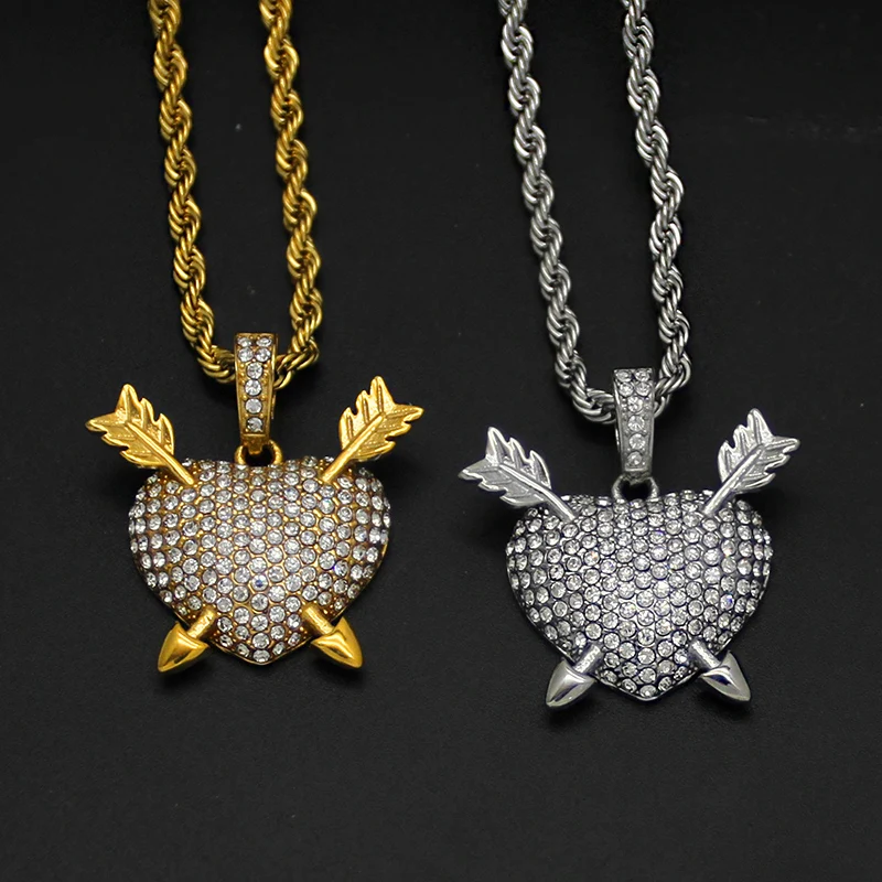 Hip Hop Full Rhinestone Paved Bling Iced Out Stainless Steel Shot Heart Pendants Neckalce for Men Women Lovers Rapper Jewelry