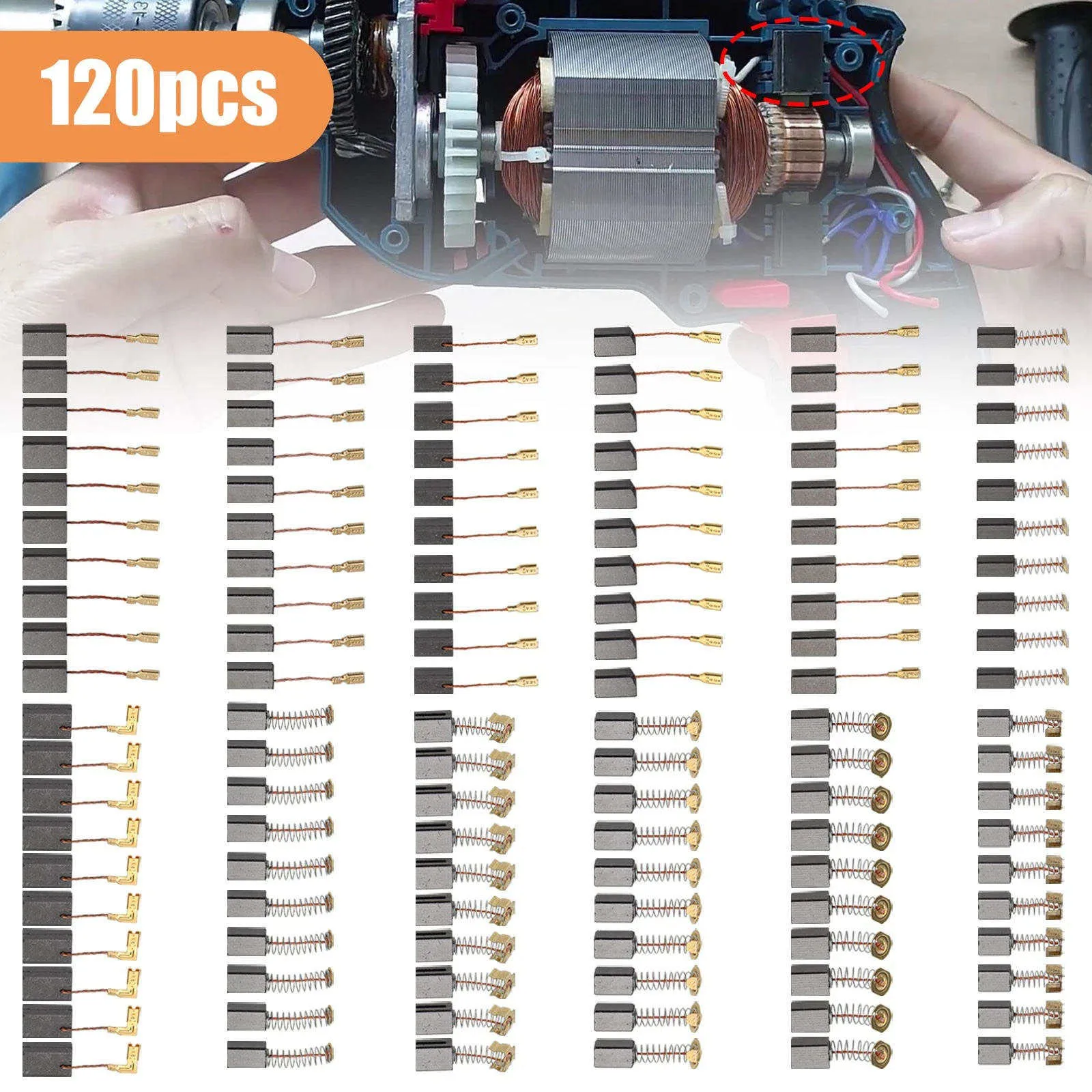 120-teiliges Kohlebürsten-Set für Elektromotoren, 12 verschiedene Größen, Graphit- und Kupferdraht, Motor-Reparaturset für Bohrmaschinen, Sägen, Schleifmaschinen, Staubsauger – Detail 7