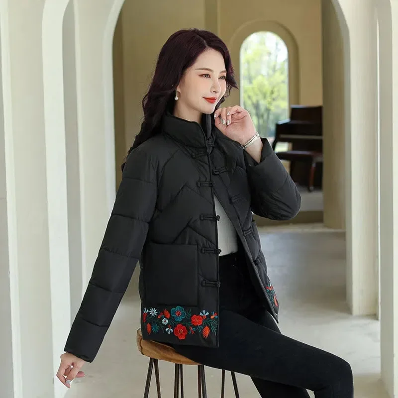 Women's Down Cotton Coat Mother Medium Long Winter New Retro Disc Buckle Padded Jacket Chinese Style Embroidery Cotton Clothes