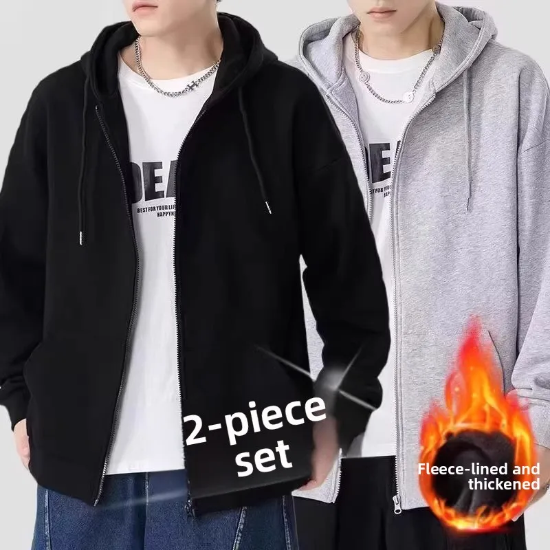 

Thiened Fce Hooded Sweatirt Men's Autumn Winter Loose Casual Wear-Resistant Dir Long Sve Coat for Youth