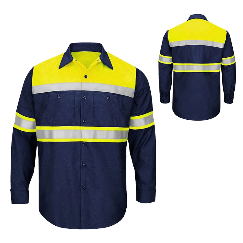 Men\'s High Visibility Shirts with Hi Vis Reflective Tape 100% Cotton Long Sleeve Workwear 2 Tone Block Color