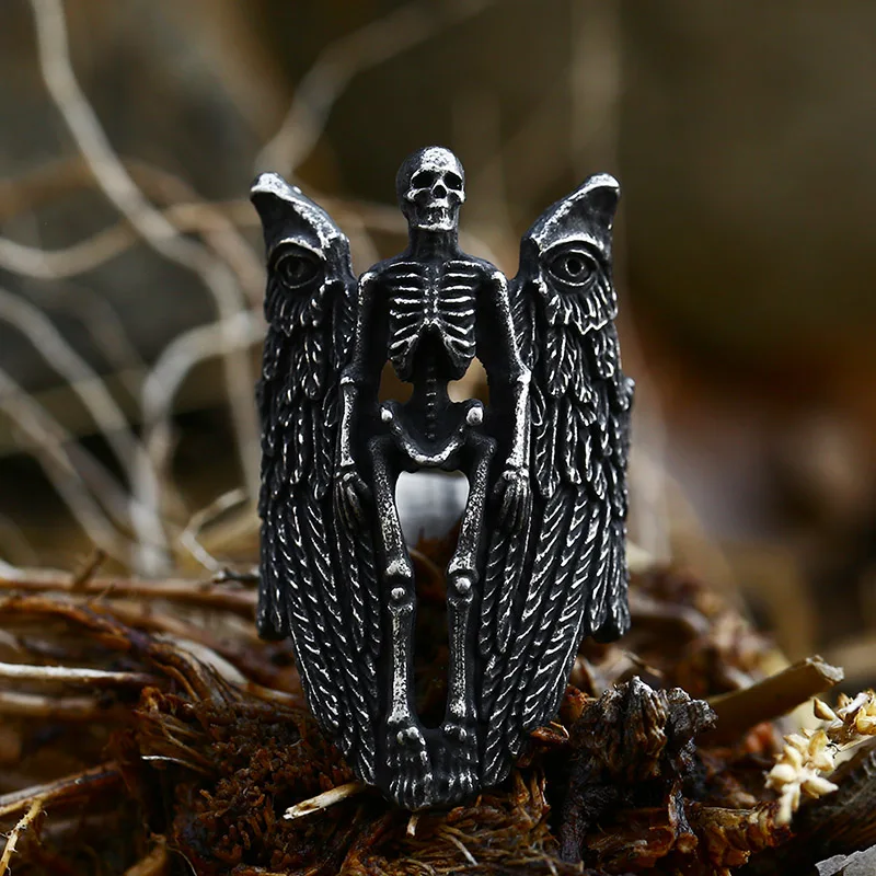 BEIER fashionable stainless steel Fallen angel Skull Rings Ancient black unique Feather Jewelry BR8-1068