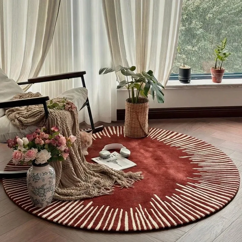 Abstract Round Rug Terracotta Cream Sun‑Ray Border Print Soft Floor Mat for Bedroom Living Room Aesthetic Home Decor