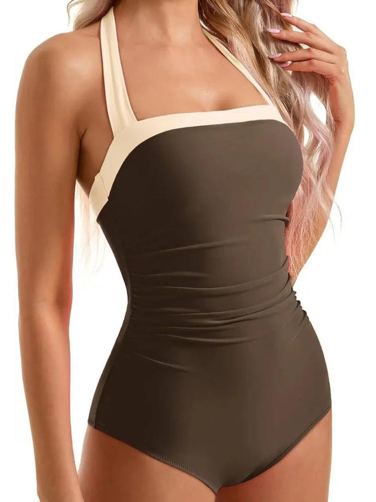 

2026 Color Block One Piece Swimsuit Sexy Low Back & Tummy Control Monokini Slimming Sling Swimwear for Women Summer Bodysuit New