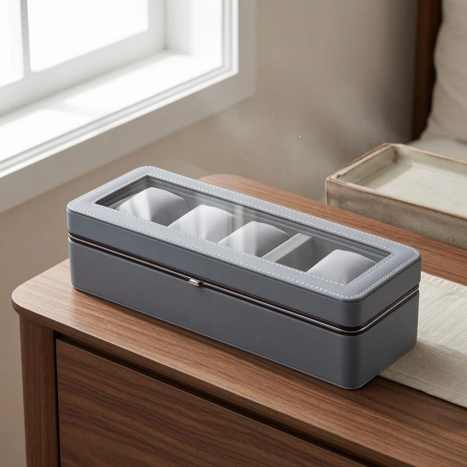 6-Slot Watch Box Flocked Interior 6-Slot Watch Case Clasp Closure Stitched Trim