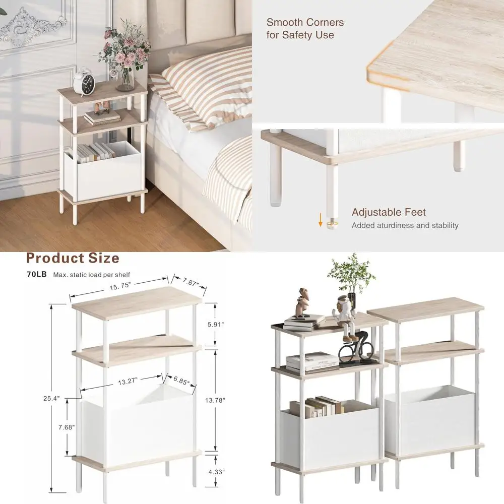 

Set of 2 Compact Side Tables with Fabric Baskets, 3-Tier Storage, Ideal for Small Spaces, Living Room, Bedroom, Natural Oak Fini