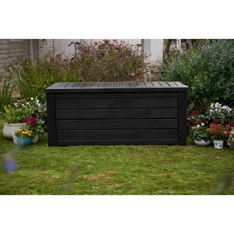 Outdoor Storage Deck Box, 150 Gallon Resin Patio Bin & Bench, Solid, Dark Grey