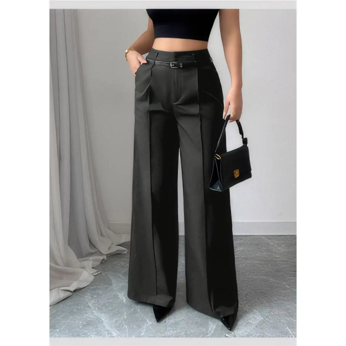 ハイウエストワイドレッグパンツ女性のカジュアルスリミングパンツ多用途ルーズフィットストレートカットハイウエストストレートレッグパンツ