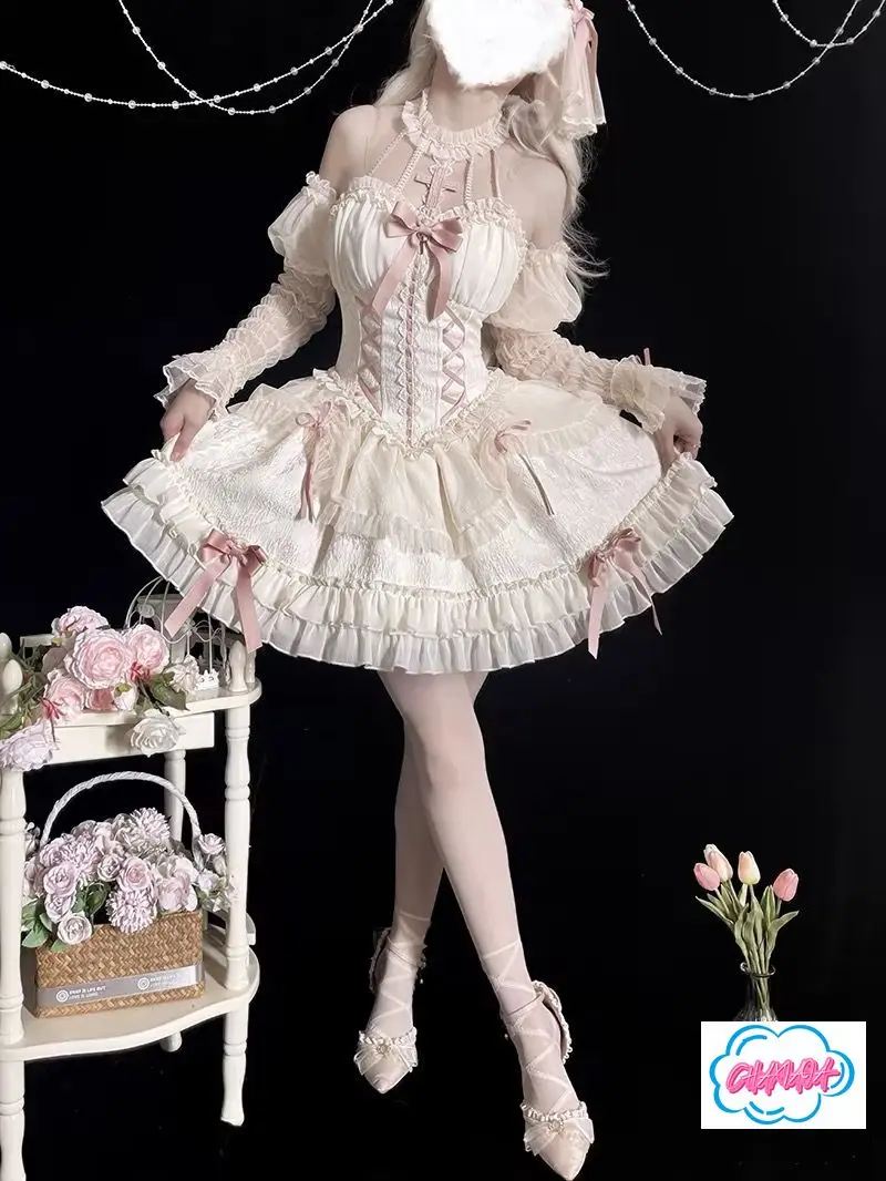 اليابانية المتناثرة القوطية لوليتا فستان الأميرة الحلو القوس الصليب الدانتيل كشكش حافة عشاء حفلة حزام الرقبة فستان المرأة