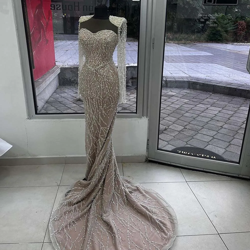 Luxury Muslim Mermaid Evening Dress for Women 2024 Elegant Arabic Pearls Long Sleeves Formal Prom Wedding Party Gowns Customized