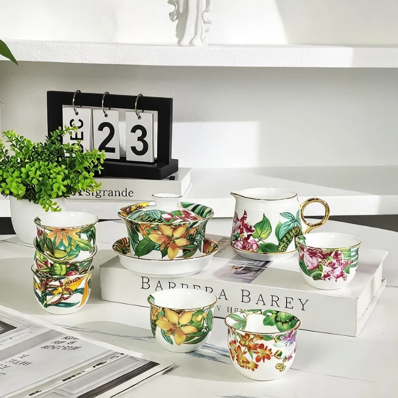 Tropical Rainforest 8-Piece Bone China Tea Set Tea Cup Justice Lid Cup Light Luxury Home Gift