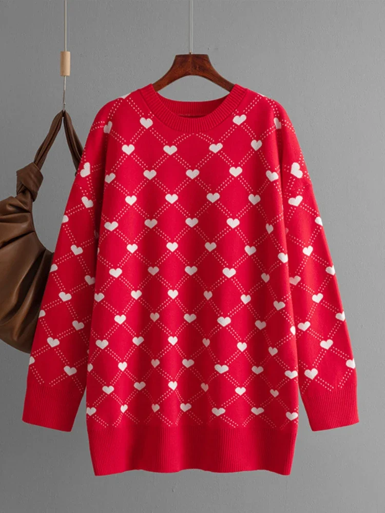 2024 Autumn Winter New Sweater Pullover Mid To Long Knitwear Sweater Female Clothing Love Jacquard Large Women's Top Outerwears