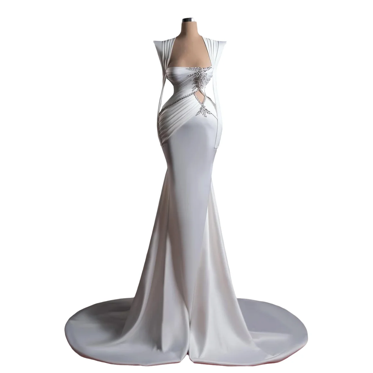 Evening Dress Long-Sleeved Formal Dress With Train Rhinestone Embellishment Women Suitable For Formal Occasions