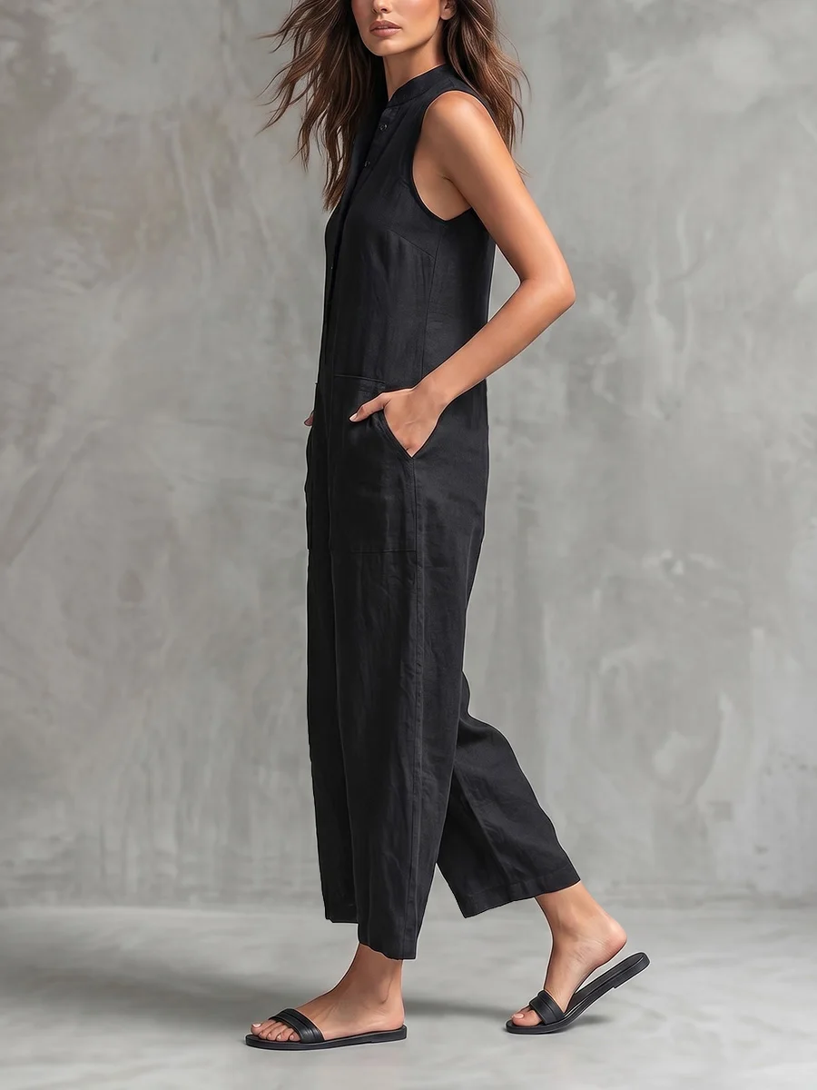 Freeay Women's Sleeveless Black Jumpsuit Stand Collar Half Button Front Wide Leg Cropped Romper 2026 Casual One-piece Suit