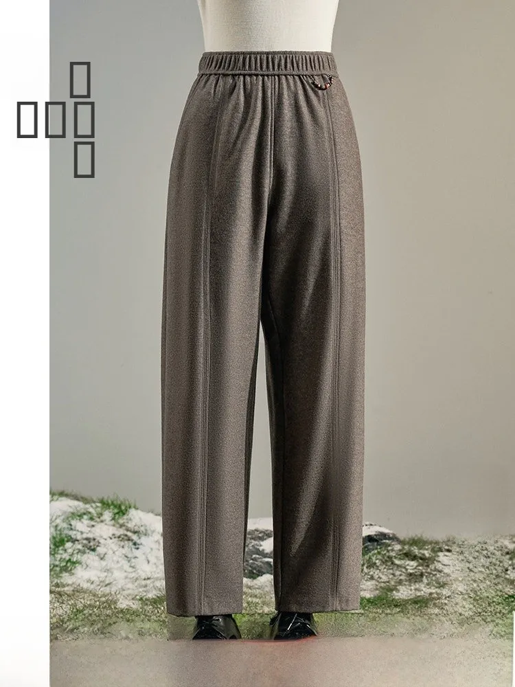 

Winter Woolen Casual Pants Women's Loose Flared Straight Leg Thiened Bla Slimming High Waist Elastic Comfortable Ladies