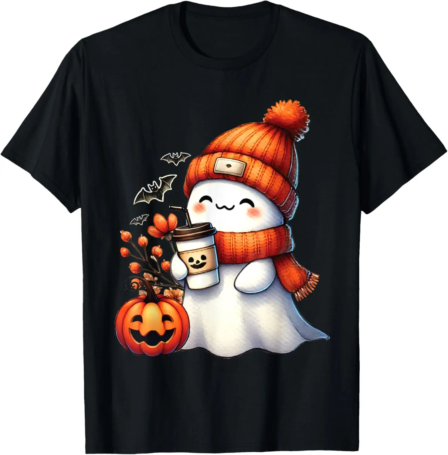 

Cute Ghost Drinking Coffee Halloween Ghost Coffee Women T-Shirt