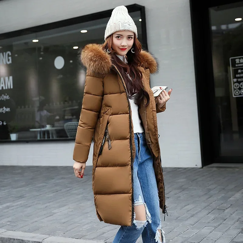 Nouvelles femmes hiver vers le bas Parkas veste grand col de fourrure épais mince manteau mode à capuche vêtements d'extérieur en coton longue automne femme veste