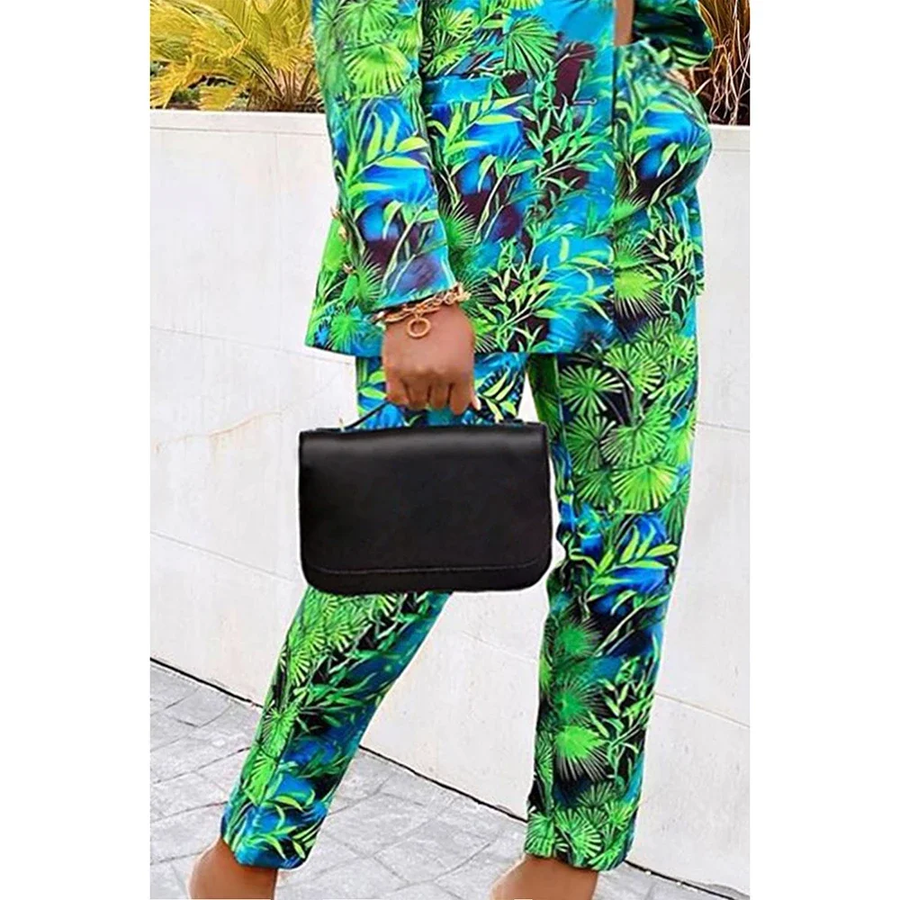 Plus Size Business Casual Pant Set Green Print Lapel Long Sleeve Blazer Suit Two Piece Pant Set