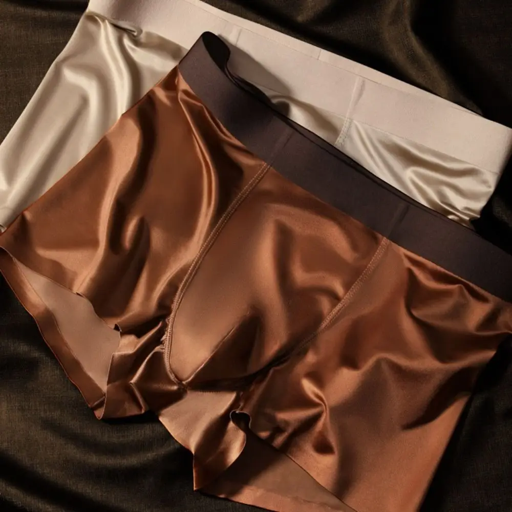 

Simple Thin Satin Silk Boxer Briefs Seamless Underpants Ice Silk Boxers Lingerie Mid Waist Underwear for Men Gifts