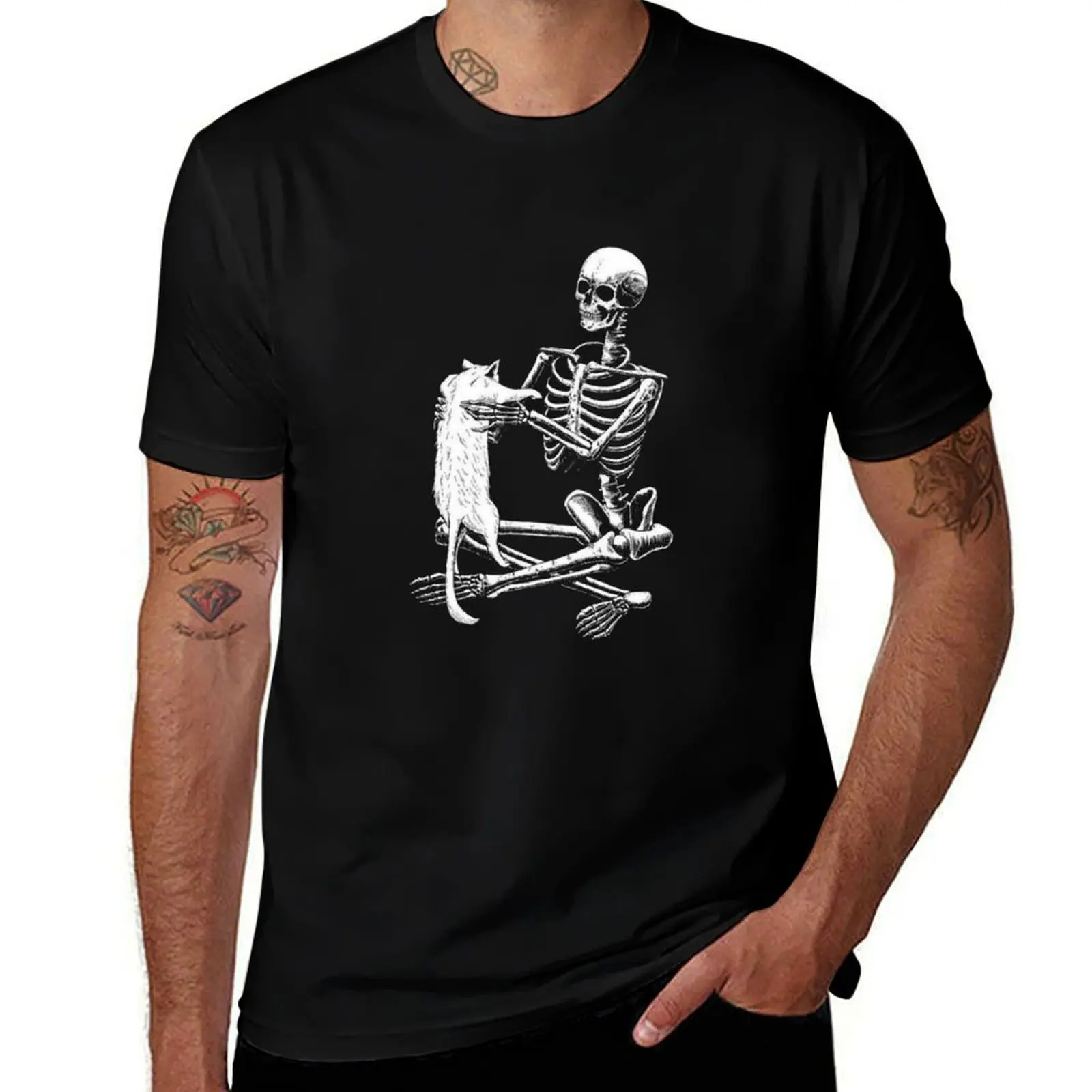 Cat and Skeleton T-Shirt Standard Fit Solid Tee Shirt