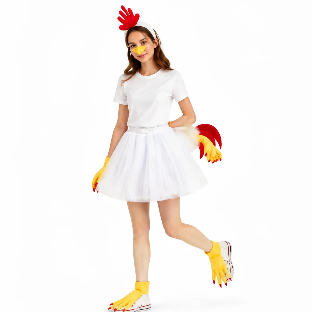 Chicken Themed Cosplay Outfit Kit Rooster Headpiece Beak Foot Covers Tail Tutu Skirt For Adult Halloween Stage Performance