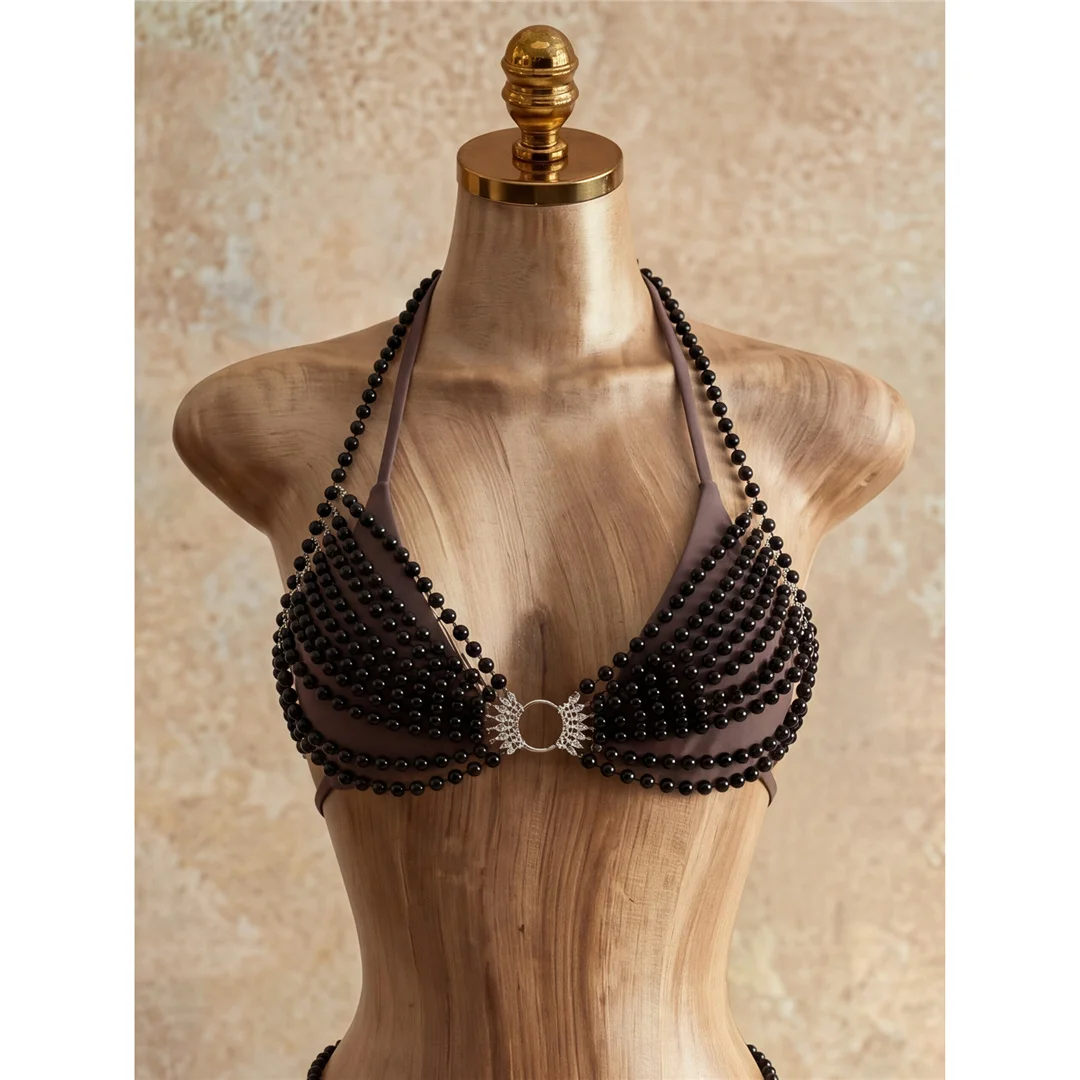 Perlen-Überwurf-Bikini, Damen-Badeanzug, Damen-Bademode, vierteiliges Bikini-Set, hoch geschnittene Beine, Badeanzug, Badebekleidung, V8222 – Detail 7
