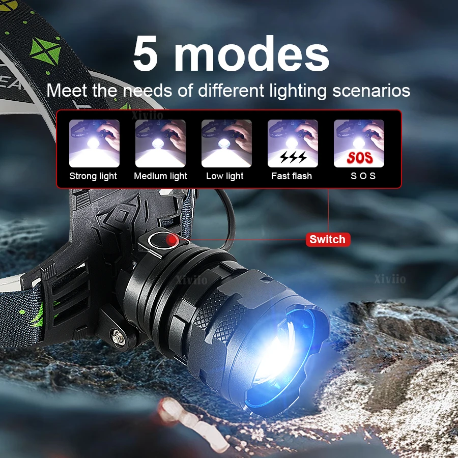 9800000LM Most Powerful Headlamp 5 Modes Headlight Head Lantern Front Light Type-c Rechargeable LED Fishing Head Flashlight