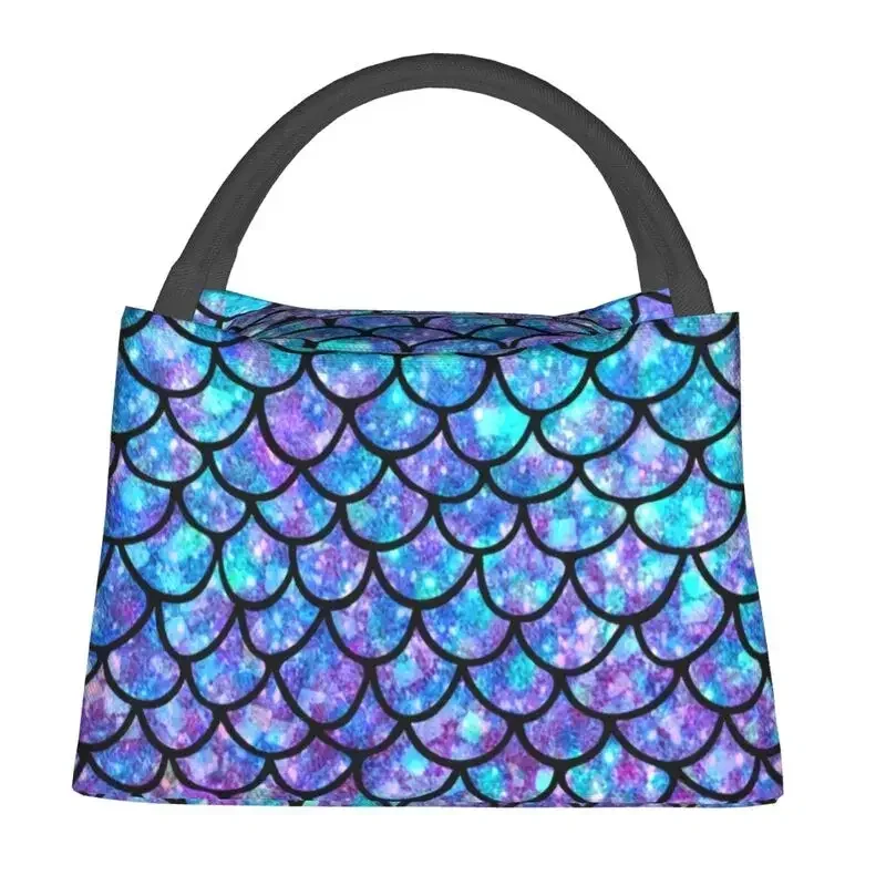 Purples Blues Mermaid Scales Thermal Insulated Lunch Bag Women Portable Lunch Tote Office Outdoor Multifunction Meal Food Box